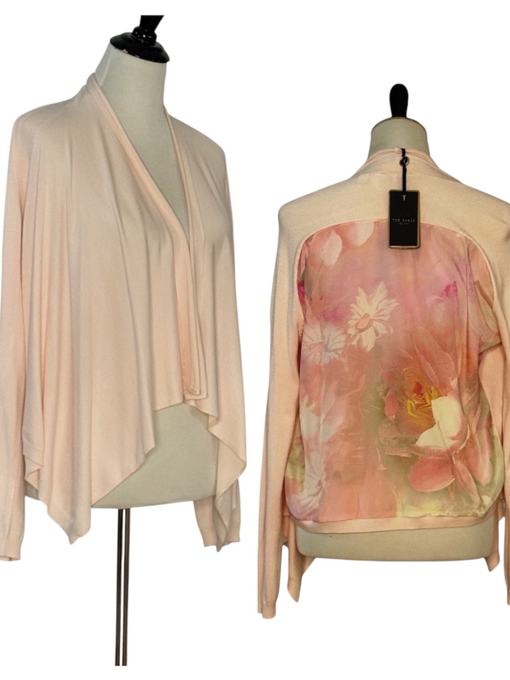 Ted Baker London Herinne Nude Pink Floral Back Waterfall Cardigan Open Front NWT